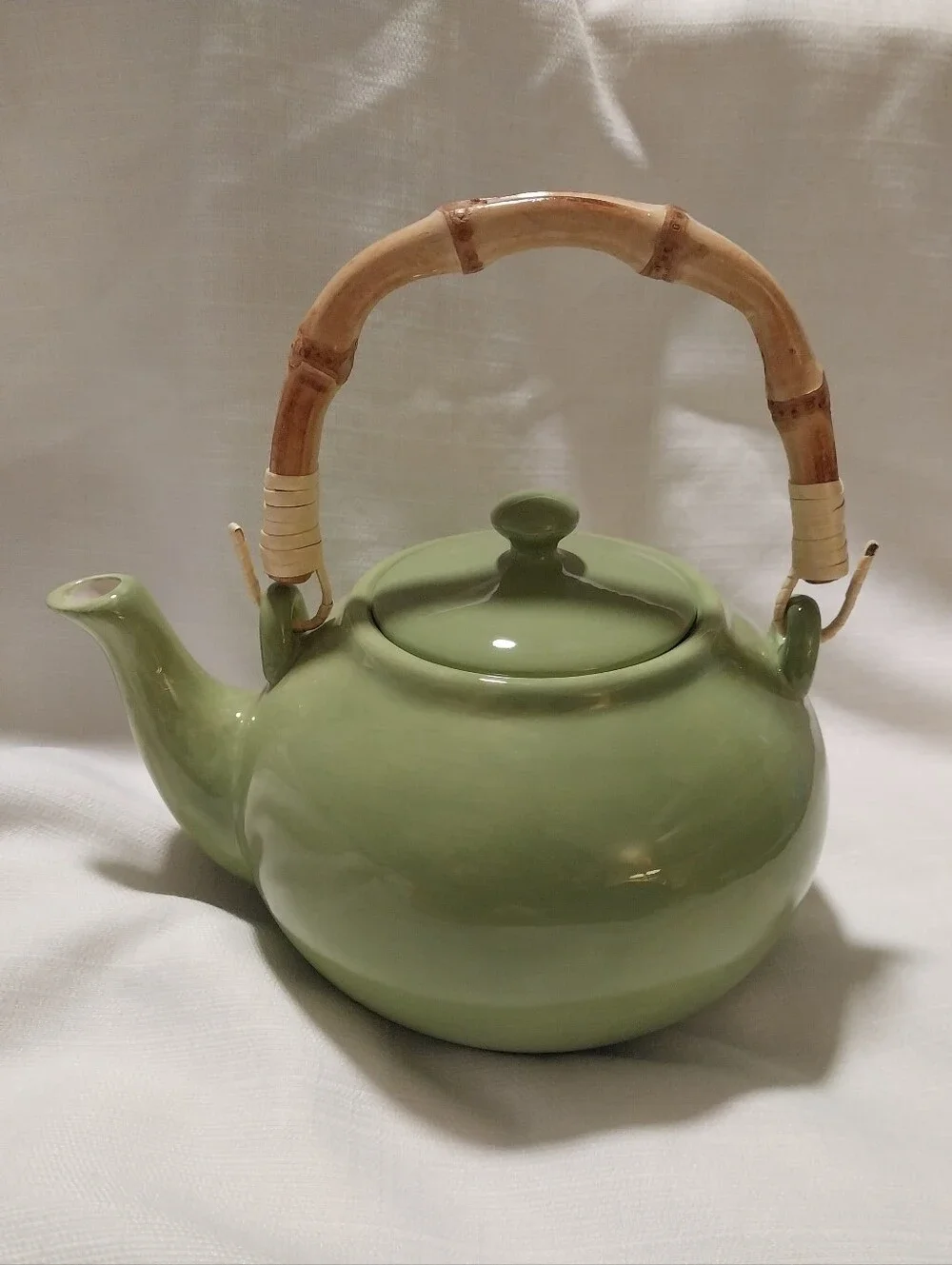 Pottery Barn Sausalito Green Bamboo Handle Teapot